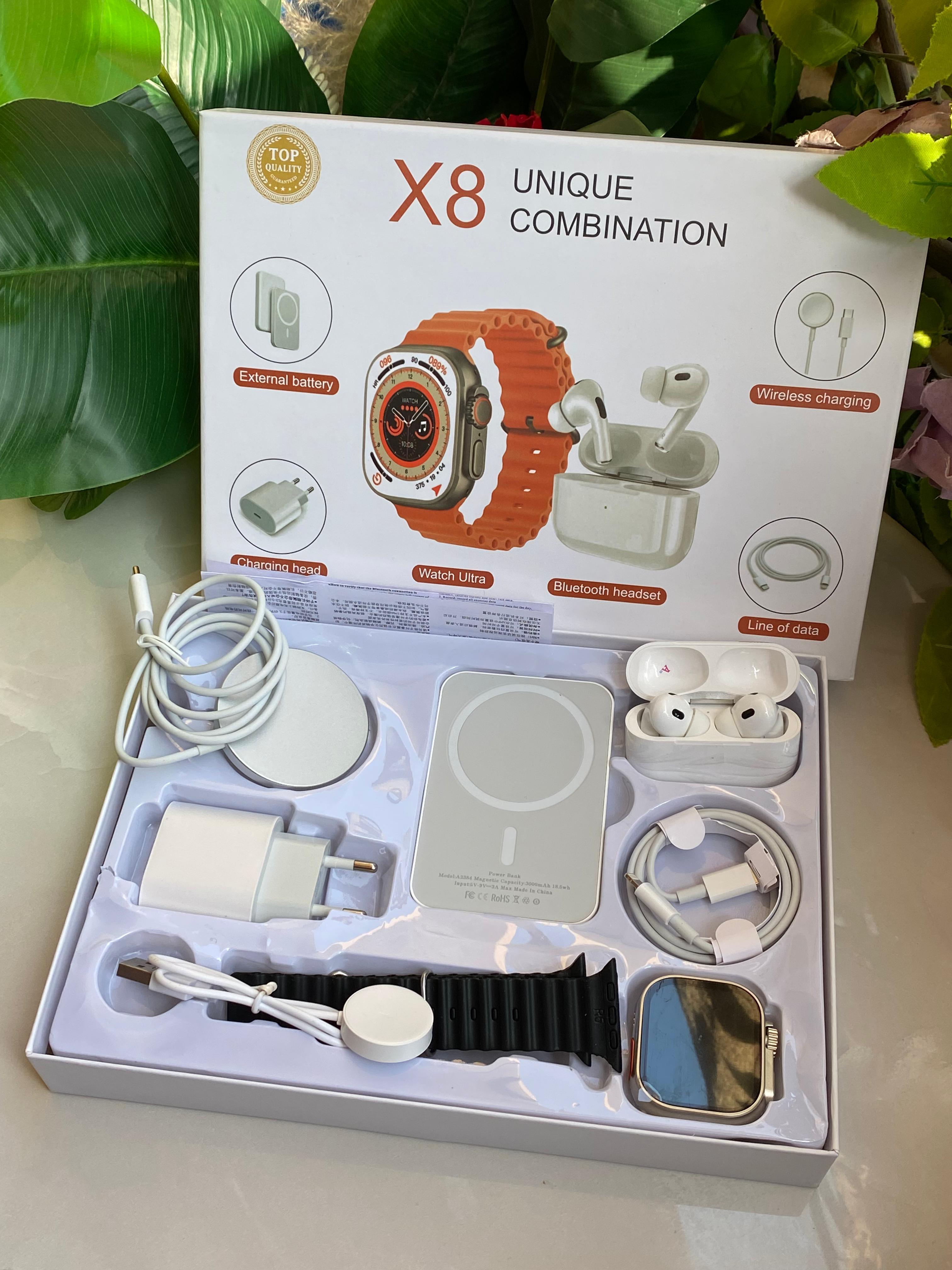 X8 SMART WATCH WITH ,POWER BANK AND EARBUDS *

✅Smart watch Features:
▪️Heart rate,Blood pressure and blood oxygen monitor
▪️Multi sport mode(Steps,Running,rope skipping,jogging)
▪️Sleep monitor
▪️Cal