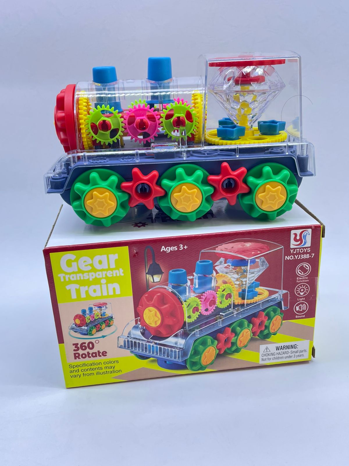 360 Rotate Gear Transparent Train. Battery Operated. With sounds and lights.turn automatically with the light flashing brightly, accompanied by wonderful music, the car will swing with the music,