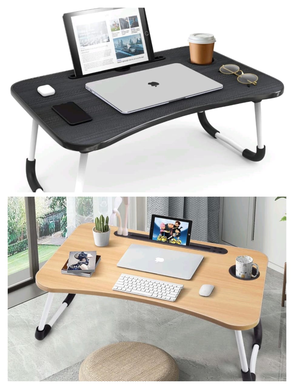 Breakfast, laptop table/work table Material. Measurements Width 40cms Length 60cms Height 28cms, Comes fully assembled, Easy to store because the legs are foldable.