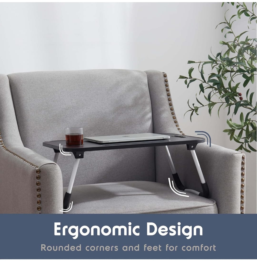 Breakfast, laptop table/work table Material. Measurements Width 40cms Length 60cms Height 28cms, Comes fully assembled, Easy to store because the legs are foldable.