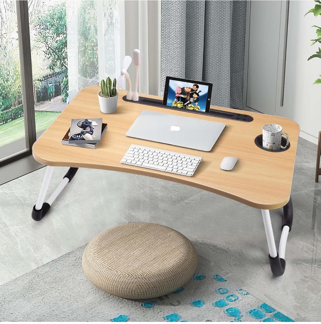 Breakfast, laptop table/work table Material. Measurements Width 40cms Length 60cms Height 28cms, Comes fully assembled, Easy to store because the legs are foldable.