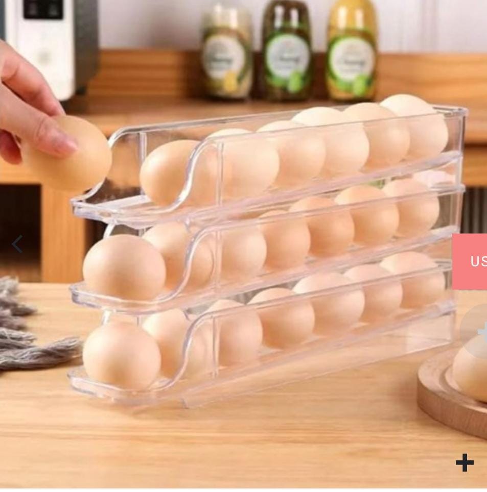 3 Layered Rolling egg storage box-holds 21 eggs - Rolling track automatically dispenses eggs to the front, Space-saving and stackable for fridge organization, Made from strong, food-grade plastic.