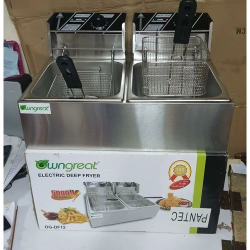 OwnGreat 12L Double Baskets Chicken and Chips Electric Fryer (6+6) L - Dual electrical heads and power plugs for single large capacity tank application, Thermostats for accurate temperature setting.