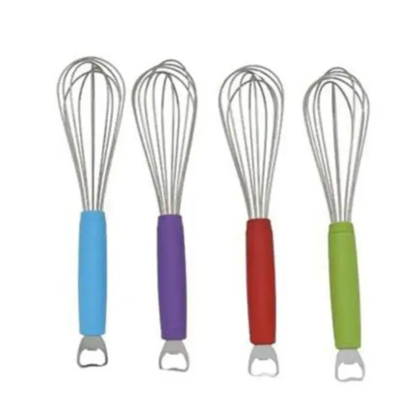 Whisk with opener Stainless Steel Whisk Mixer [MEDIUM SIZED] with opener Wire Cake Egg Frother Beater Baking Tools Kitchen Tool, MEDIUM SIZED STEEL WHISK MIXER FOR SMOOTH STIRRING.