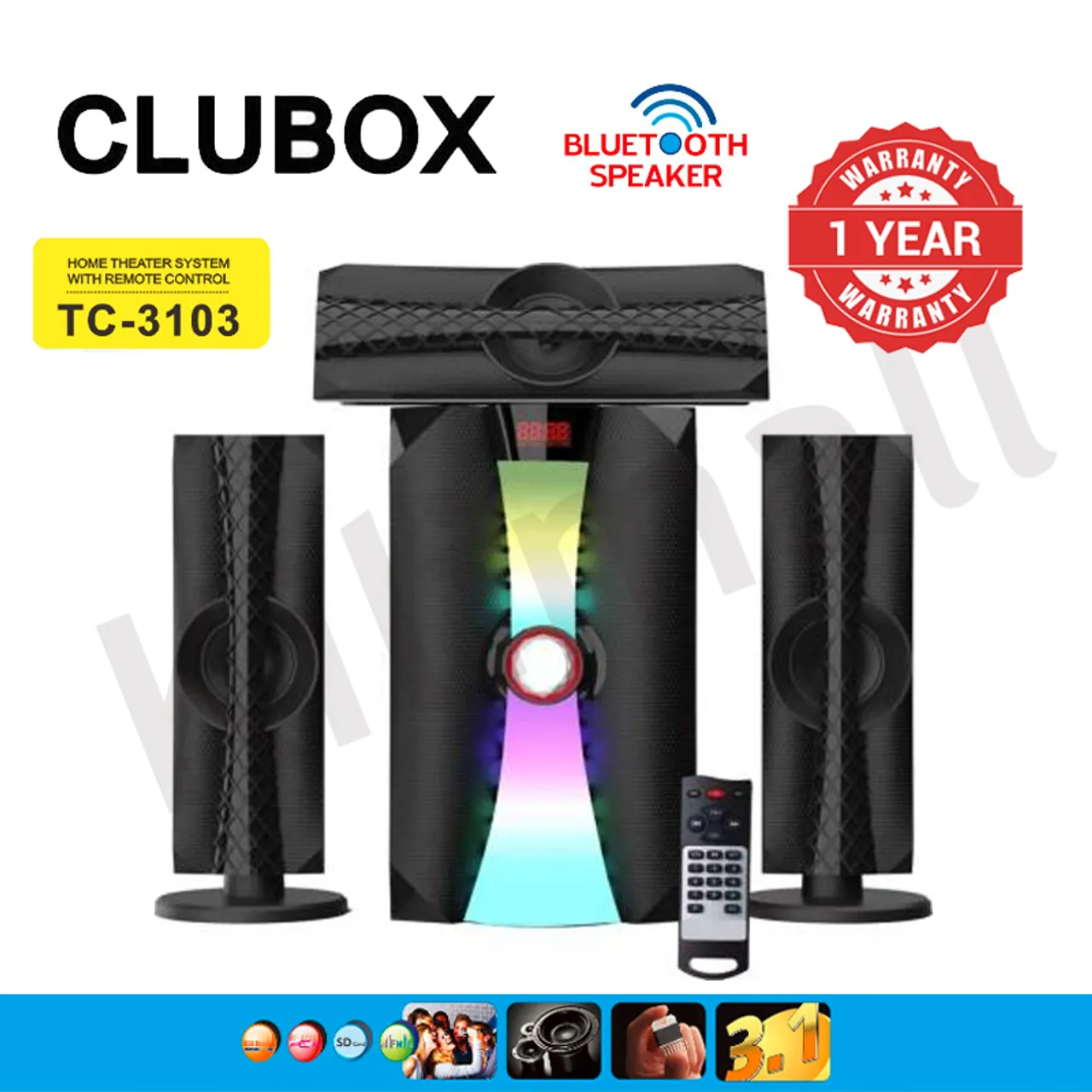 CLUBOX 3.1CH HI-FI Multimedia Bluetooth Woofer Home Audio System Speaker Systems Home Theater System Subwoofer with Remote Control TC-3103