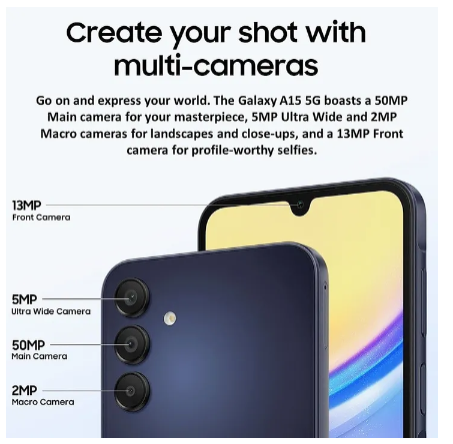 {ANNIVERSARY OFFER} New Samsung Galaxy A15 128GB + 6GB RAM 50MP Triple Camera Mediatek Helio G99 6.5" 90Hz Display Android 14 5000mAh 25W Type-C Charge Smart Phones