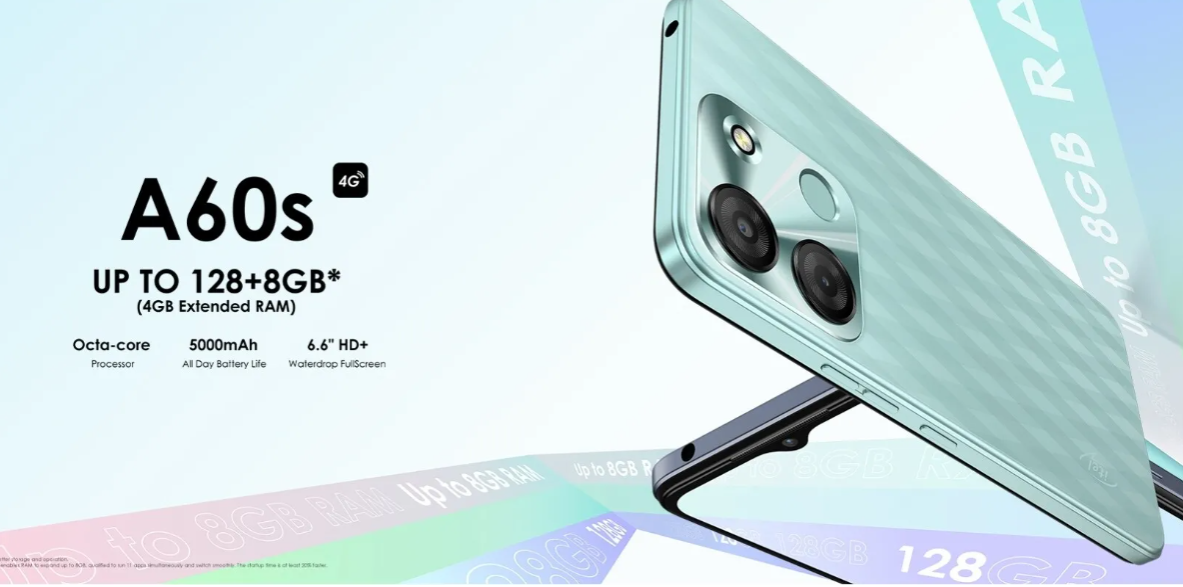 Itel A60s Phone 128GB+8(4+4) GB RAM Dual SIM 13MP Camera 5000mAh 6.6 Inch HD + Waterdrop Full Screen Phone Fingerprint and Face Unlock Smart Phones