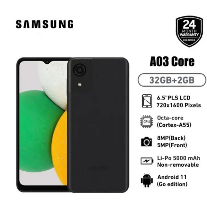 Brand New Samsung Galaxy A03 Core Smartphone 6.5" 32GB + 2GB 5000mAh 8MP Camera Android 11 Dual Sim Smart Phones Black 32 GB Black 32 GB