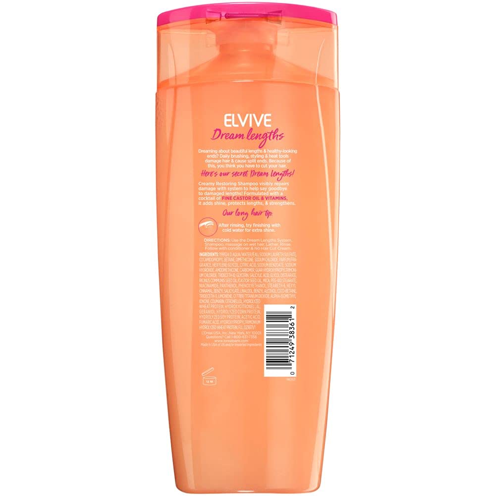 L'Oreal Paris Elvive Dream Lengths Restoring Shampoo with Fine Castor Oil and Vitamins B3 and B5 for Long, Damaged Hair, Visibly Repairs Damage