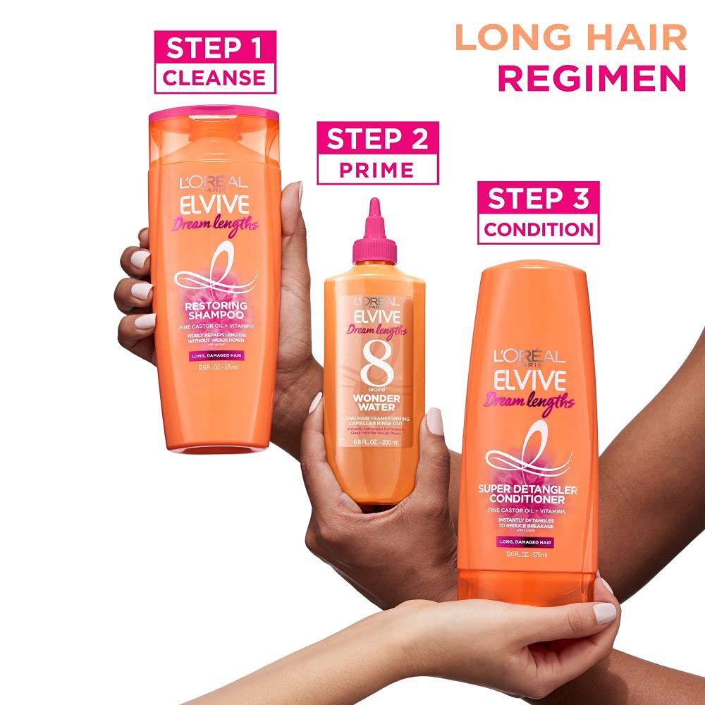 L'Oreal Paris Elvive Dream Lengths Restoring Shampoo with Fine Castor Oil and Vitamins B3 and B5 for Long, Damaged Hair, Visibly Repairs Damage