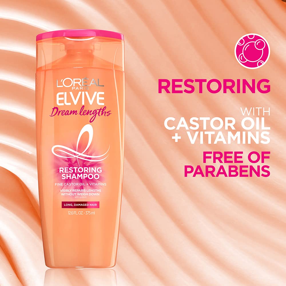 L'Oreal Paris Elvive Dream Lengths Restoring Shampoo with Fine Castor Oil and Vitamins B3 and B5 for Long, Damaged Hair, Visibly Repairs Damage