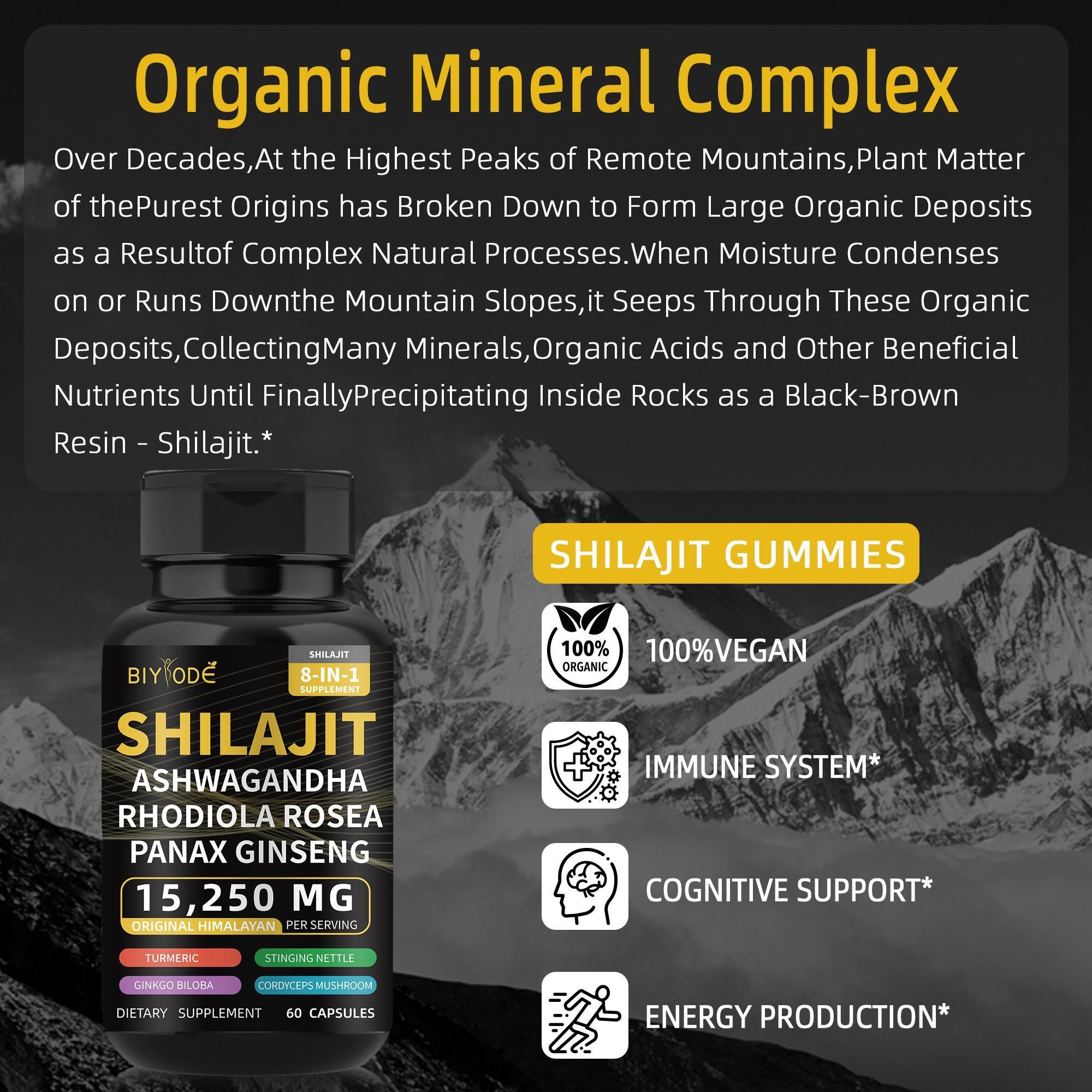 BIY ODE Shilajit Supplement, Shilajit Capsules, 100% Pure Shilajit Contains 85+ Trace Minerals and 60% Fulvic Acid, Boosts Energy and Immunity, Vegan, Natural