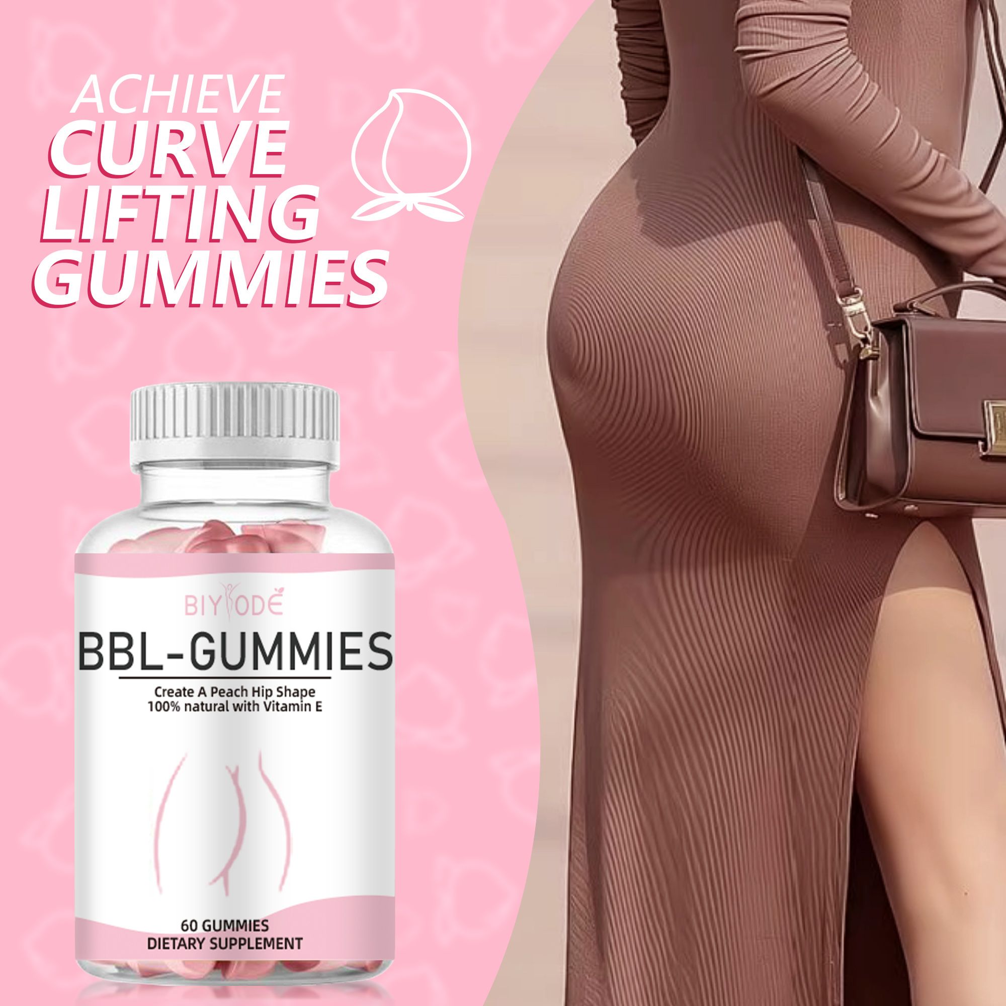 BIY ODE BBL-GUMMIES,Create A Peach Hip Shape,100% natural with Vitamin E,60 GUMMIES DIETARY SUPPLEMENT