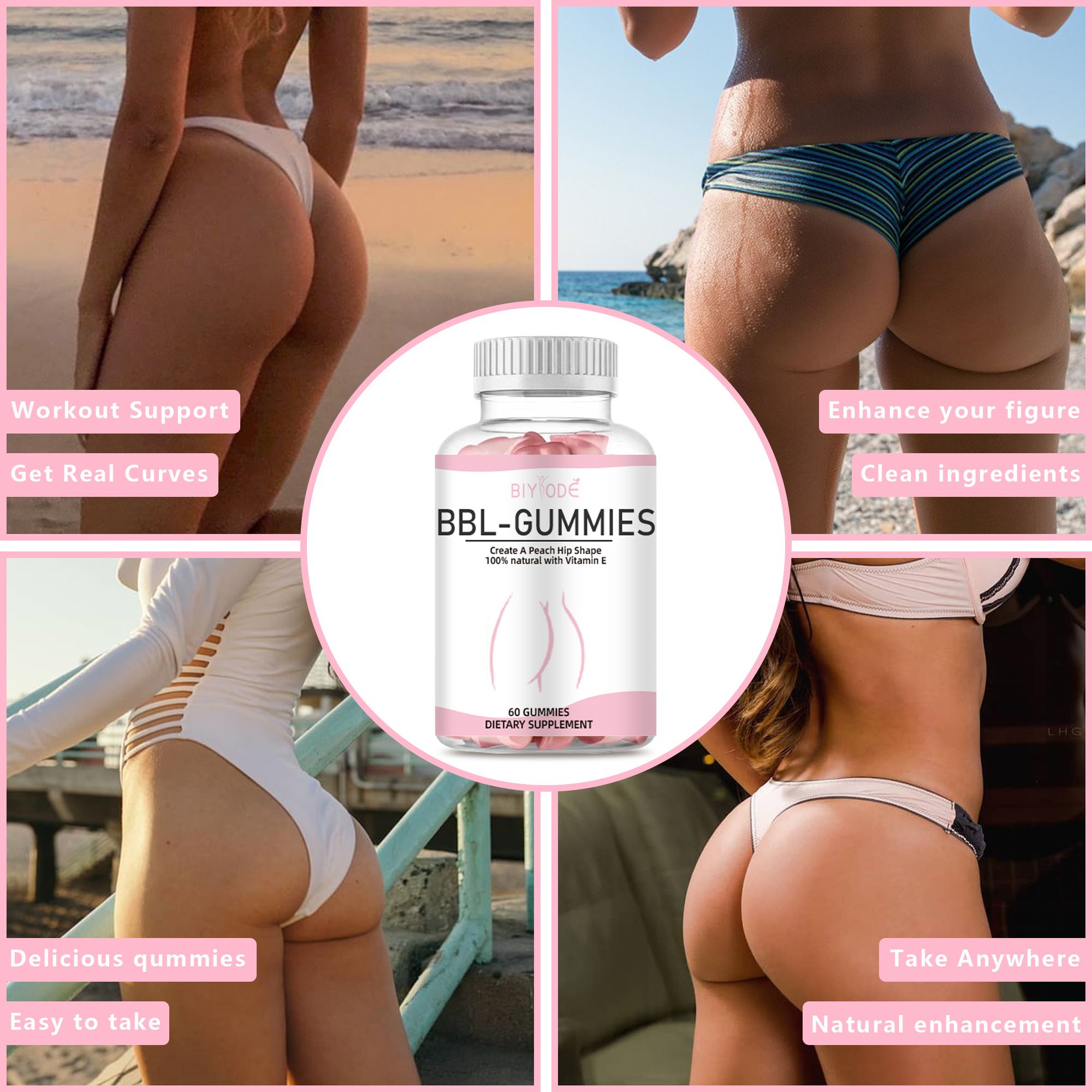 BIY ODE BBL-GUMMIES,Create A Peach Hip Shape,100% natural with Vitamin E,60 GUMMIES DIETARY SUPPLEMENT