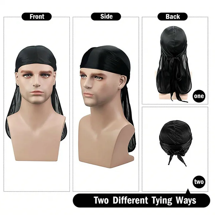 Men's Silky Durags Long Satin Turban Hat Wigs Doo Durag Biker Headwrap Pirate Hat Men Cap Men Hair Accessories Long Tail Du-Rag Black