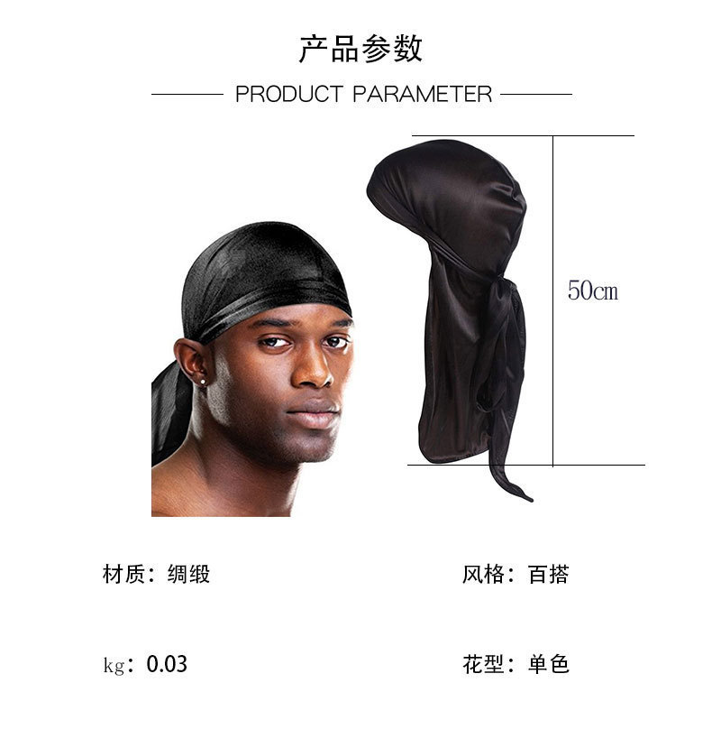 Men's Silky Durags Long Satin Turban Hat Wigs Doo Durag Biker Headwrap Pirate Hat Men Cap Men Hair Accessories Long Tail Du-Rag Black