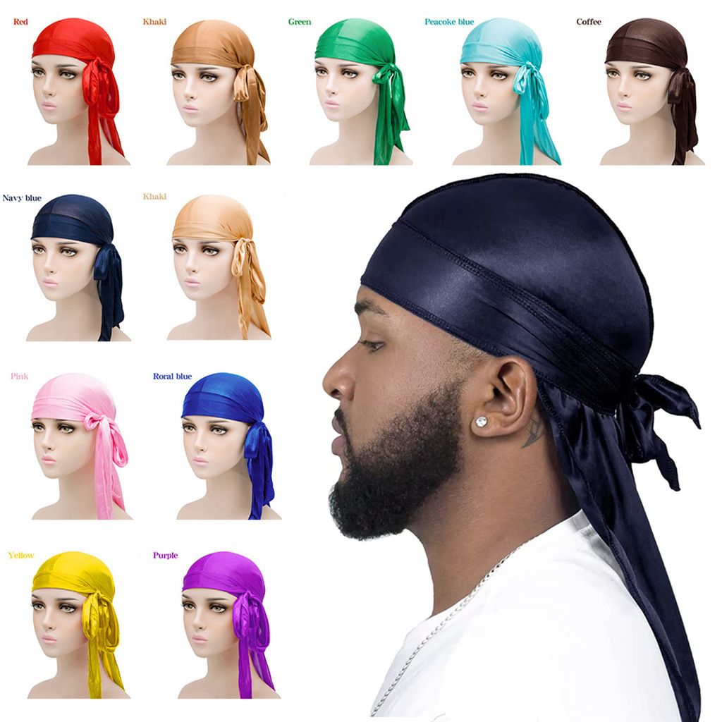 Men's Silky Durags Long Satin Turban Hat Wigs Doo Durag Biker Headwrap Pirate Hat Men Cap Men Hair Accessories Long Tail Du-Rag Black