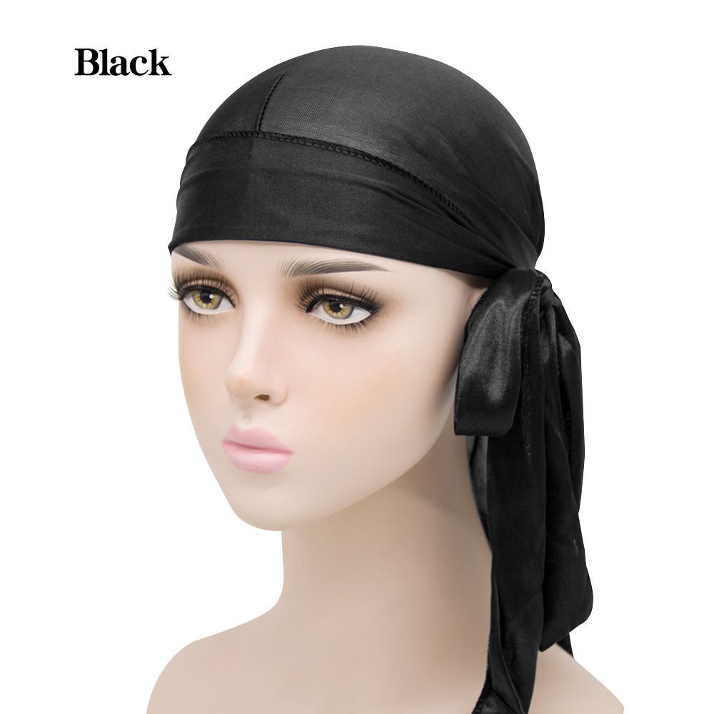 Men's Silky Durags Long Satin Turban Hat Wigs Doo Durag Biker Headwrap Pirate Hat Men Cap Men Hair Accessories Long Tail Du-Rag Black