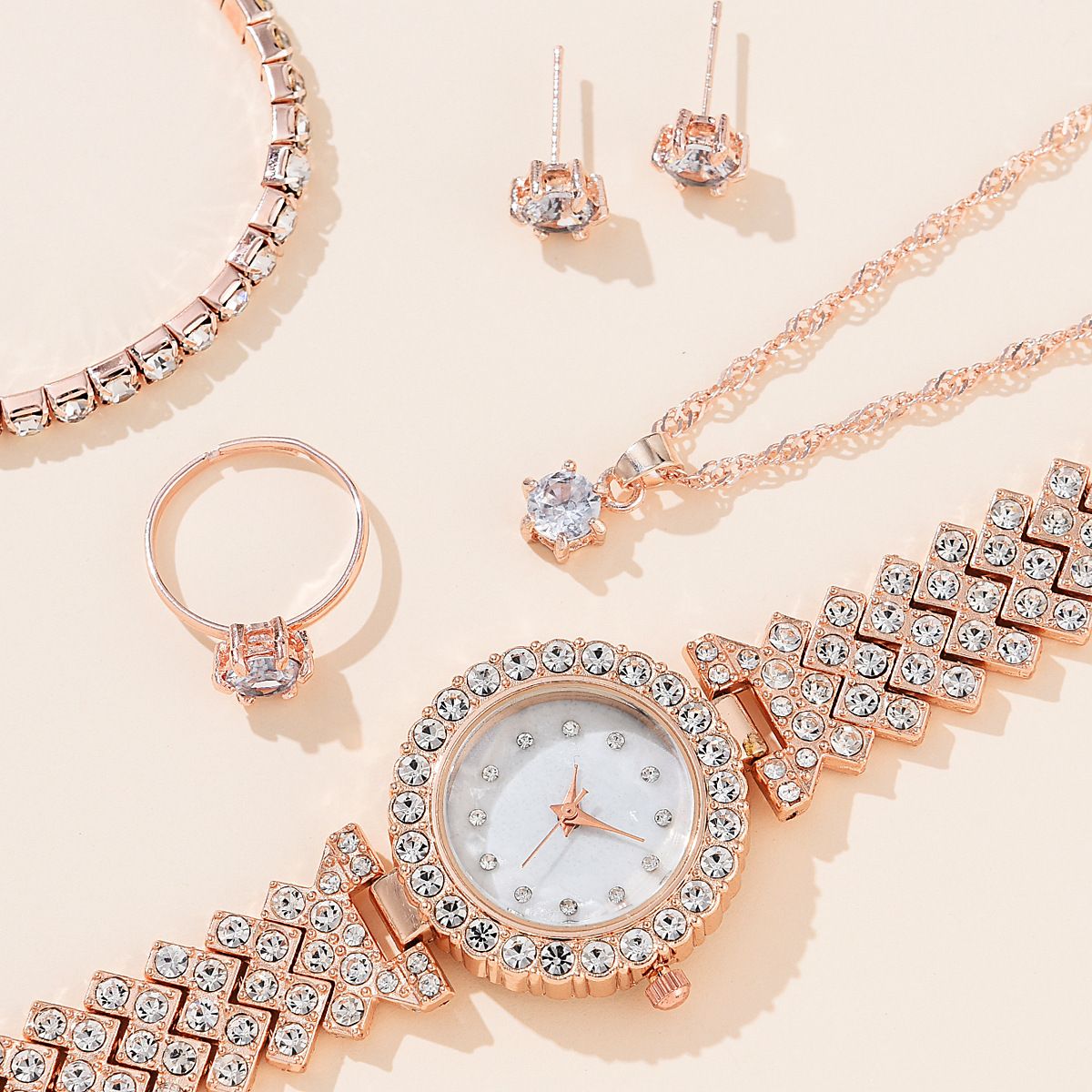 Women's Alloy Quartz Watch Necklace Earrings Bracelet Ring Accessories Set Combination Watch Gift