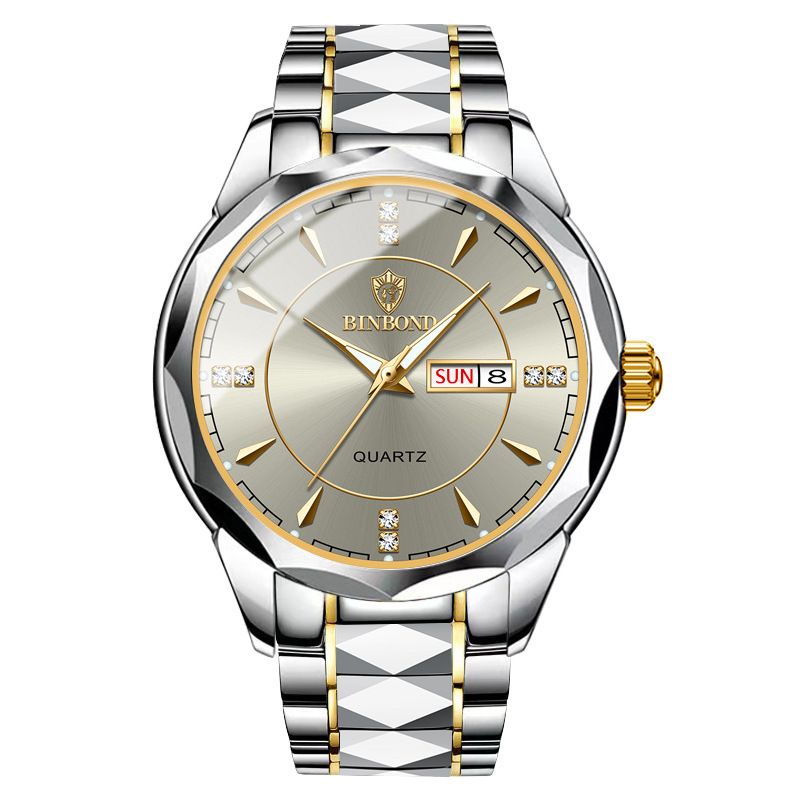 BINBOND Fashion Men's Watch Stainless Steel Top Brand Luxury Waterproof Men Double Calendar Quartz Watch Gold