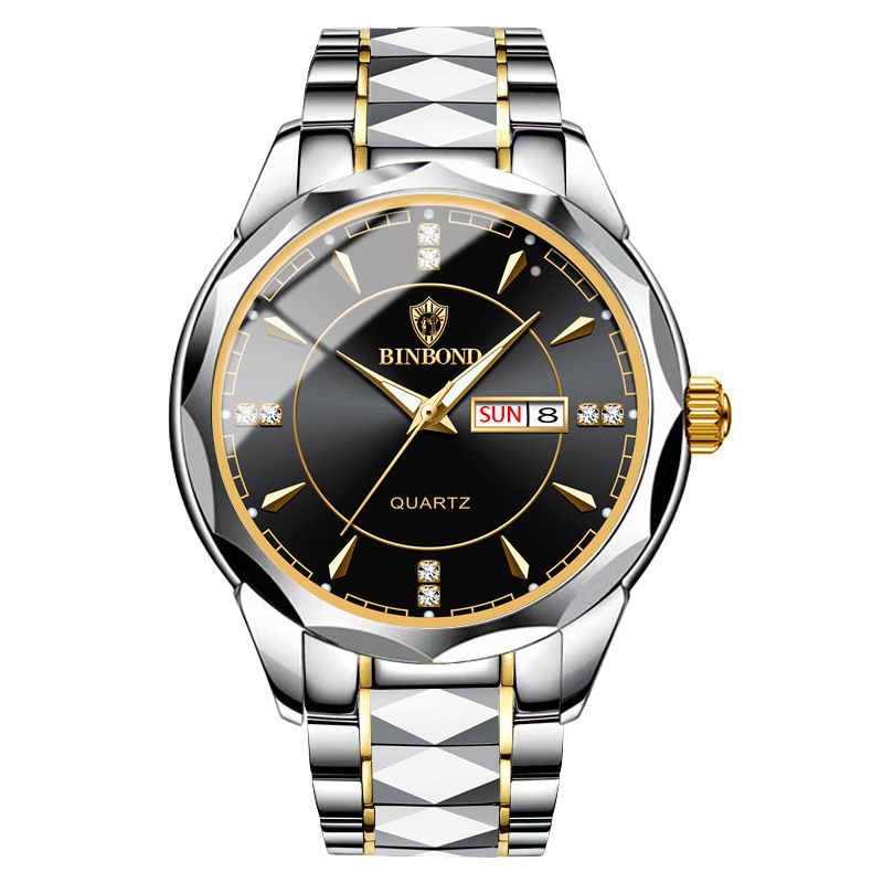 BINBOND Fashion Men's Watch Stainless Steel Top Brand Luxury Waterproof Men Double Calendar Quartz Watch Gold