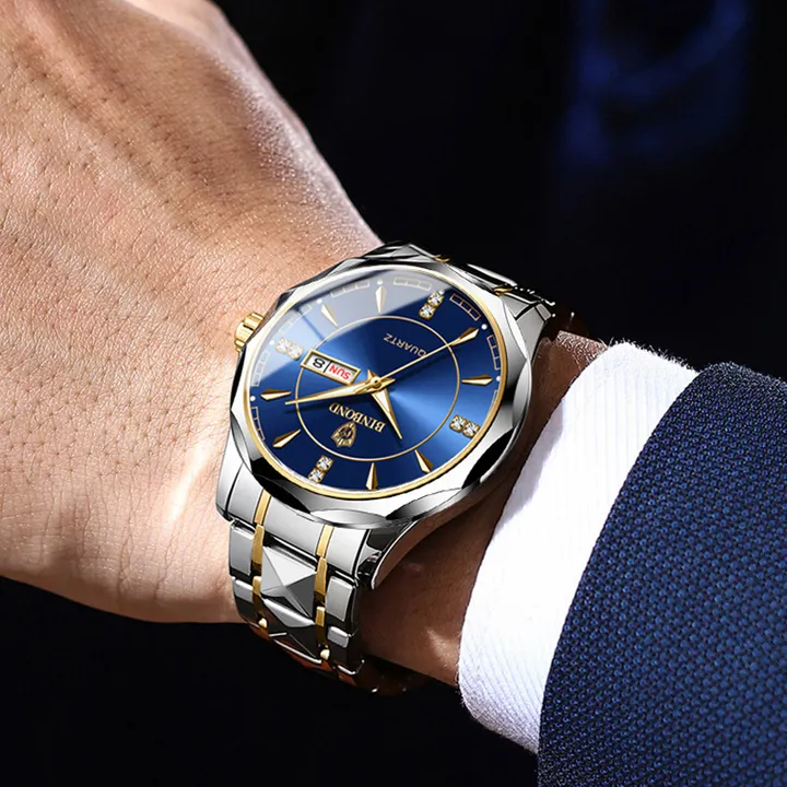 BINBOND Fashion Men's Watch Stainless Steel Top Brand Luxury Waterproof Men Double Calendar Quartz Watch Gold