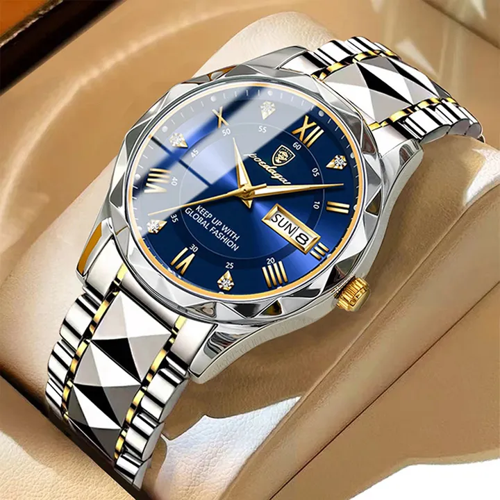 BINBOND Fashion Men's Watch Stainless Steel Top Brand Luxury Waterproof Men Double Calendar Quartz Watch Gold