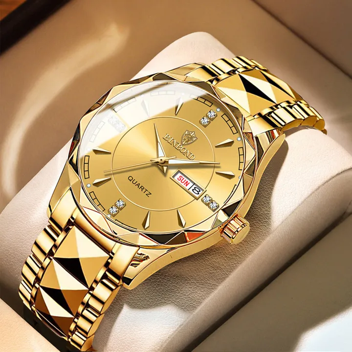 BINBOND Fashion Men's Watch Stainless Steel Top Brand Luxury Waterproof Men Double Calendar Quartz Watch Gold