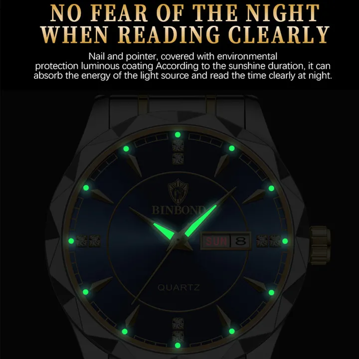 BINBOND Fashion Men's Watch Stainless Steel Top Brand Luxury Waterproof Men Double Calendar Quartz Watch Gold