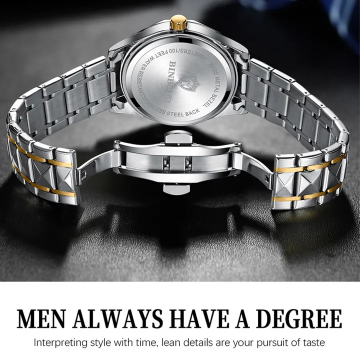 BINBOND Fashion Men's Watch Stainless Steel Top Brand Luxury Waterproof Men Double Calendar Quartz Watch Gold