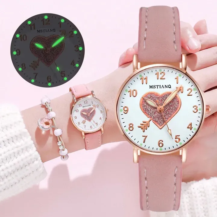 Ladies Watches Hearts Quartz Watch Back Light Watch Diamond-studded Luminous Casual Leather Belt Watches