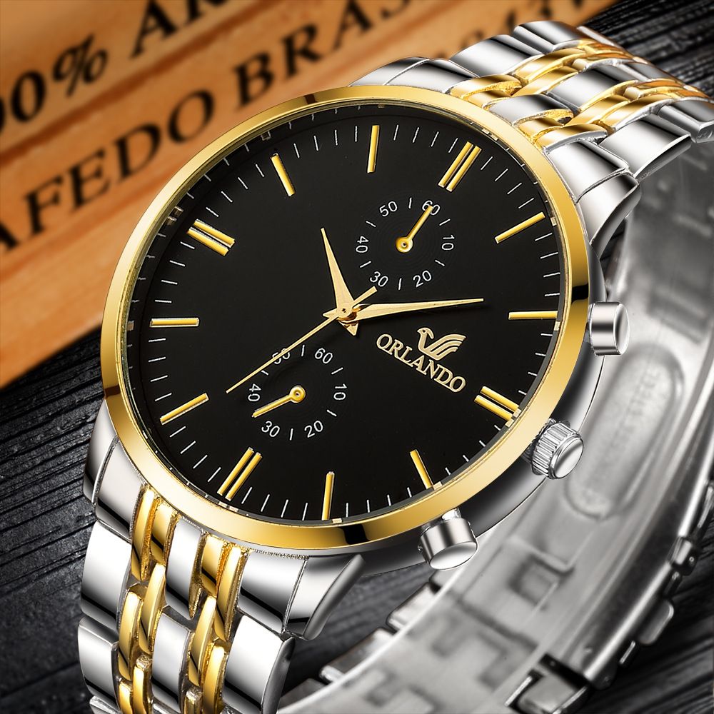 Men's Watch New ORLANDO Fashion Quartz Watch Men's Gold Plated Stainless Steel Watch black gold one size