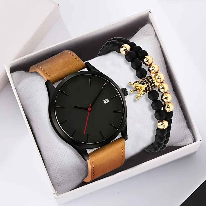 Large dial men's casual watch calendar fashionable business frosted belt quartz watch Leather Sport watches High Quality Clock Wristwatch black one size