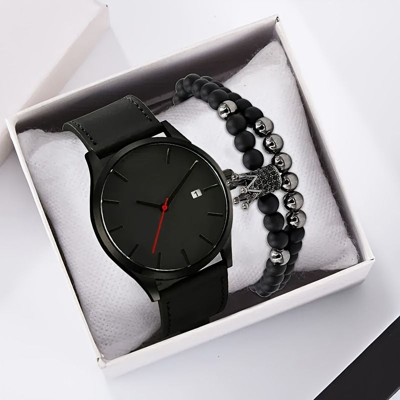 Large dial men's casual watch calendar fashionable business frosted belt quartz watch Leather Sport watches High Quality Clock Wristwatch black one size