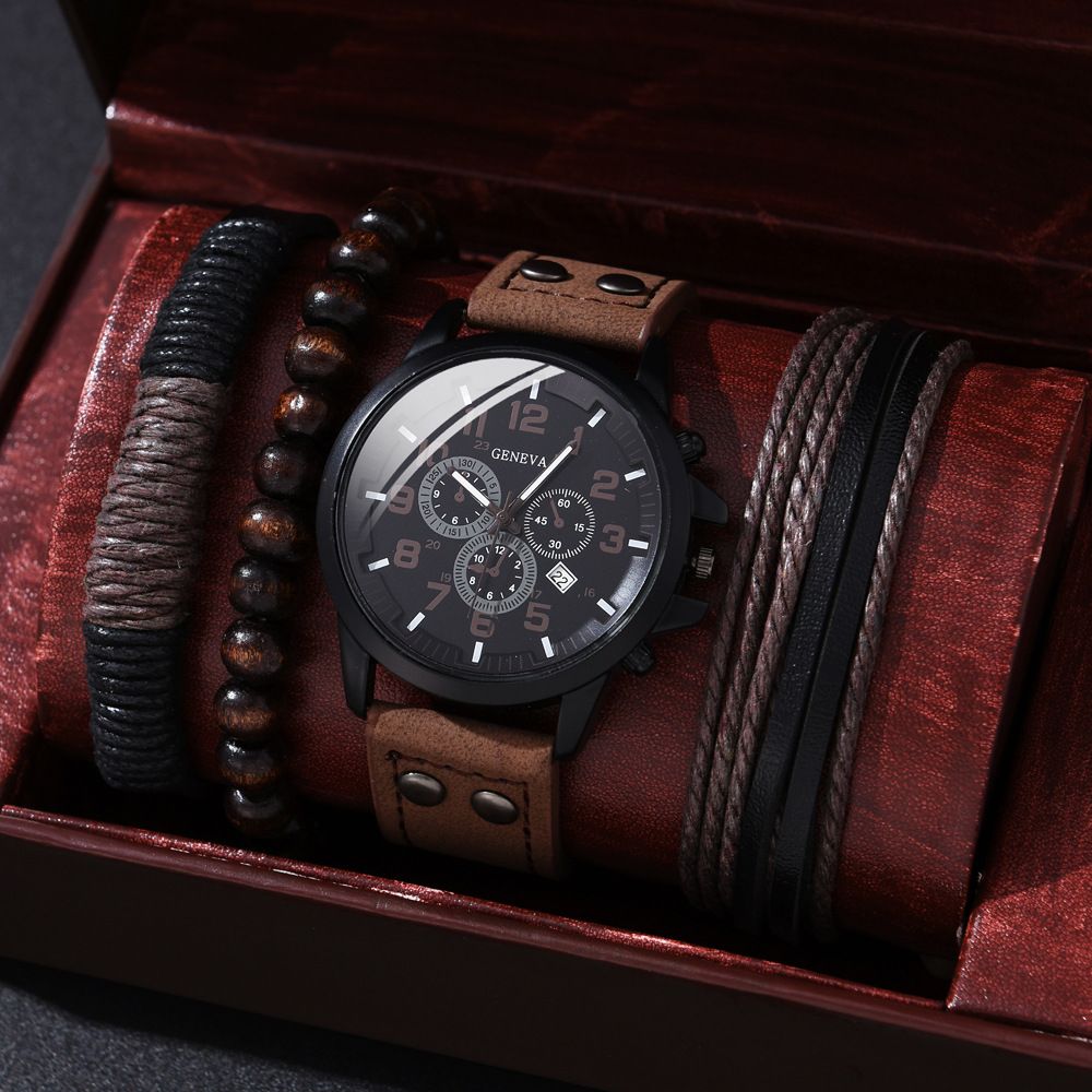 Quartz Watches Large Dial Fashion New Double Layer Square Shell Belt Casual Men's Sports Personality Bracelet Set Quartz Watch Brown