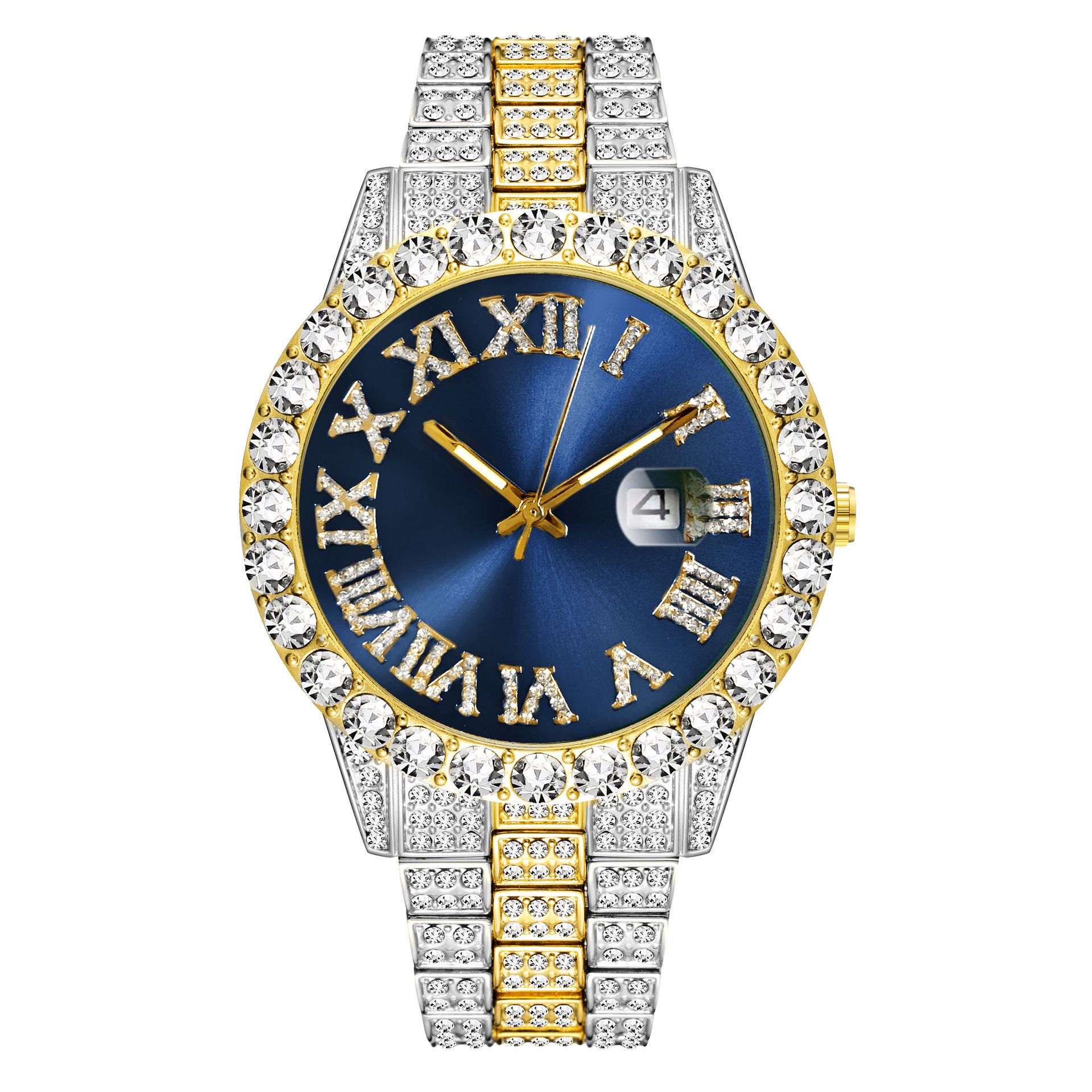 Popular diamond-encrusted luxury steel band quartz watch Diamond-encrusted hip-hop Cuban bracelet matching watch set