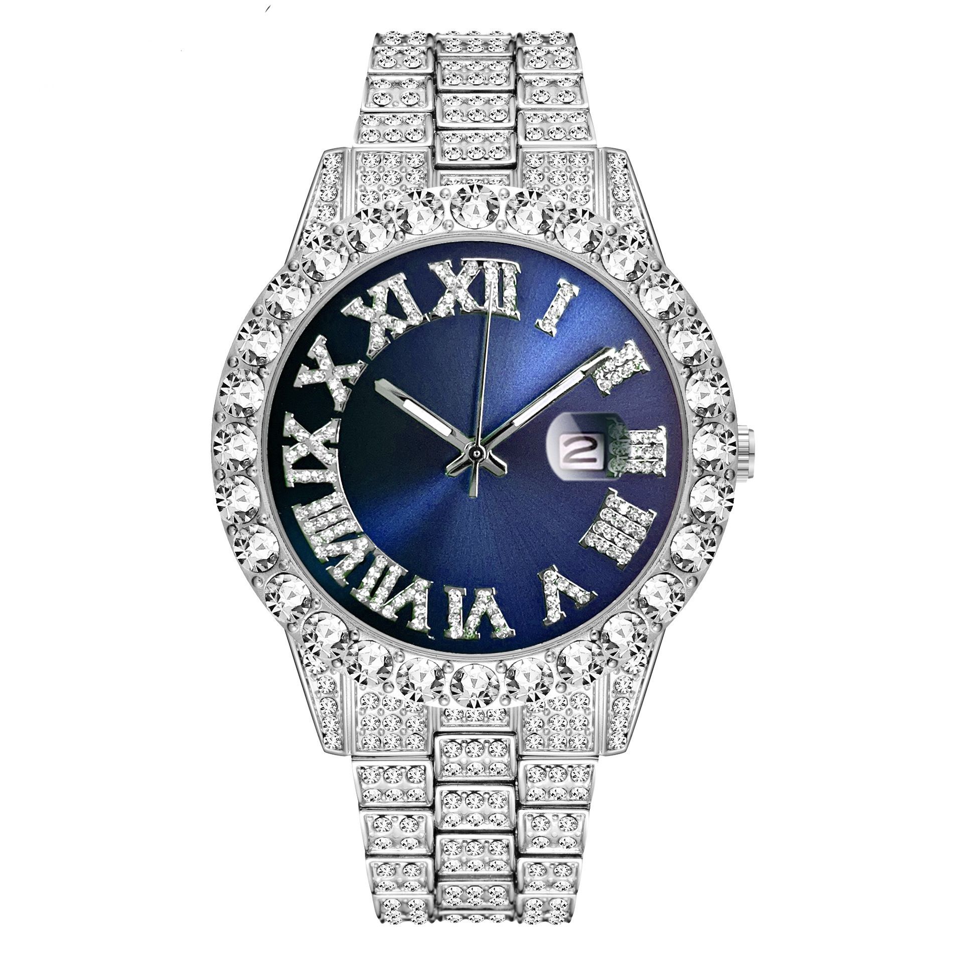 Popular diamond-encrusted luxury steel band quartz watch Diamond-encrusted hip-hop Cuban bracelet matching watch set