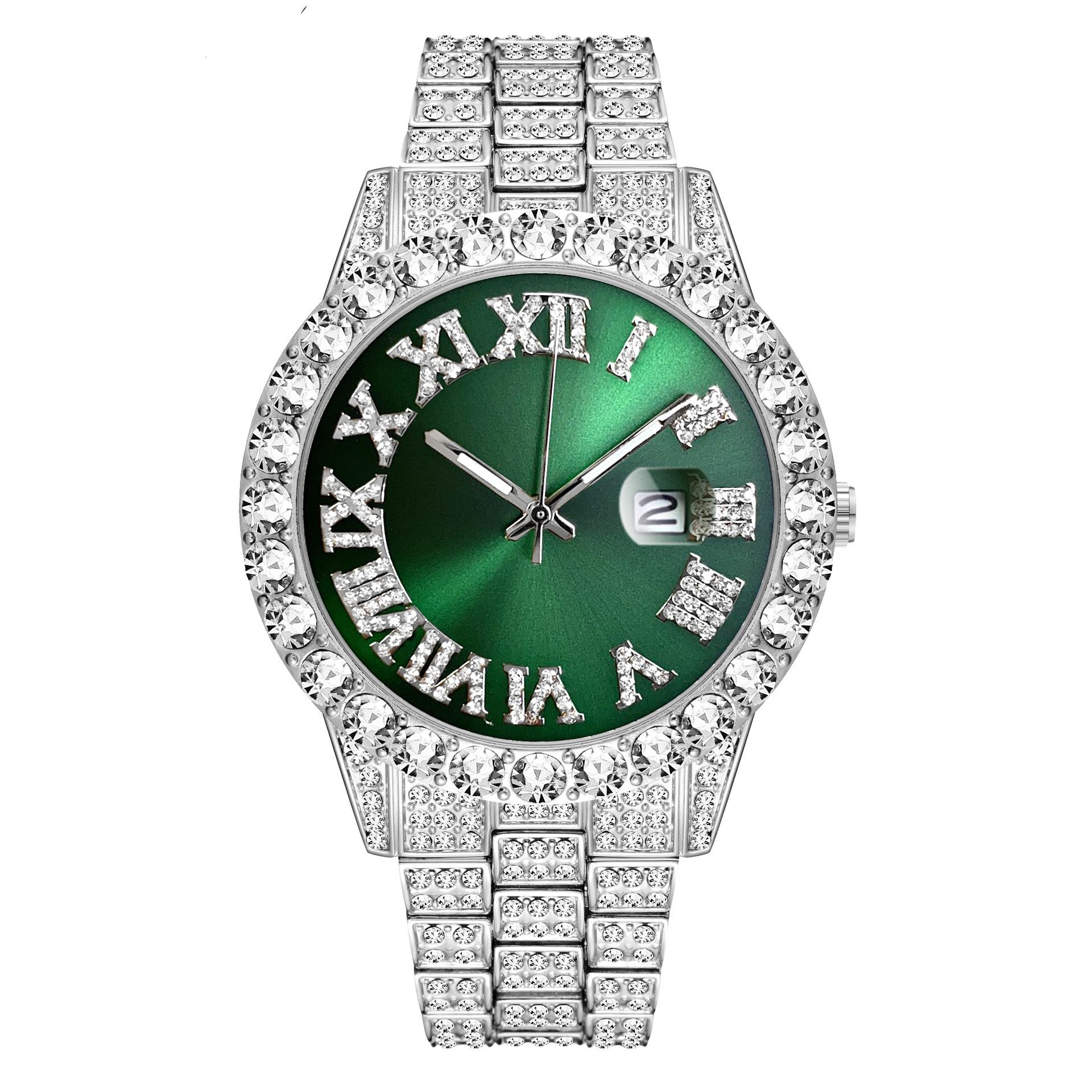 Popular diamond-encrusted luxury steel band quartz watch Diamond-encrusted hip-hop Cuban bracelet matching watch set