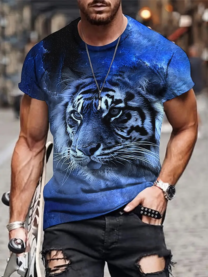 3D Tiger Print, Men's Graphic Design Crew Neck Novel T-shirt, Casual Comfy Tees Tshirts For Summer, Men's Clothing Tops For Daily Vacation Resorts