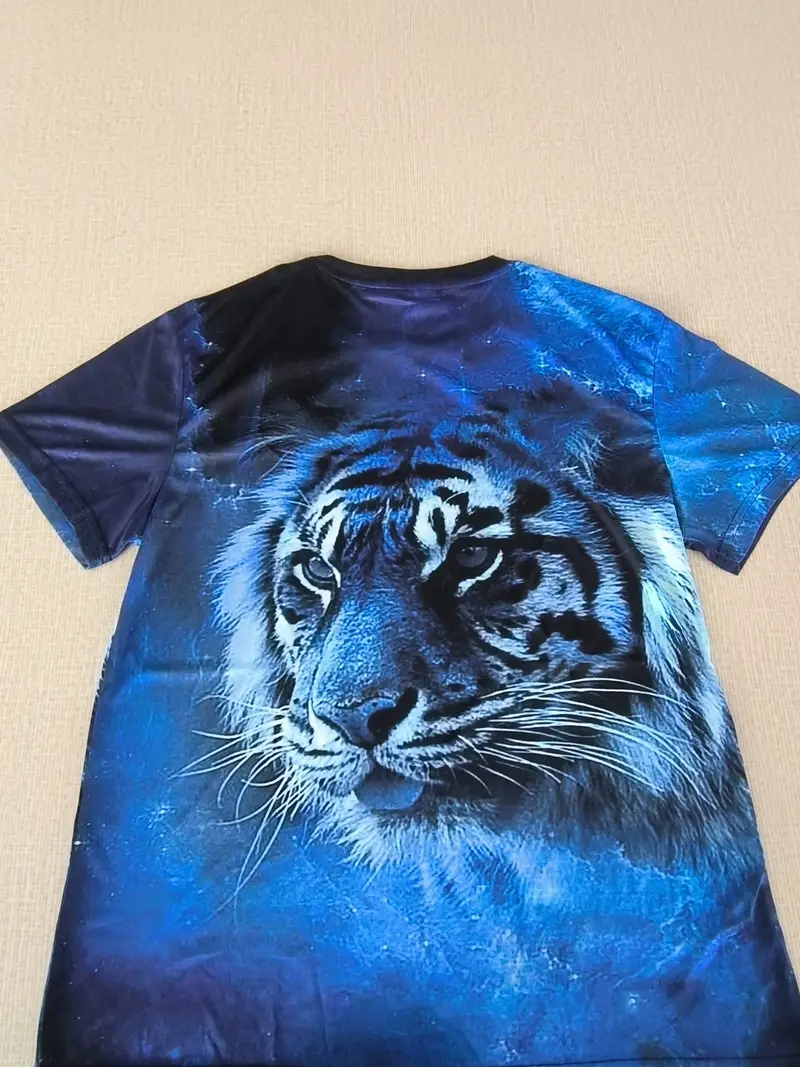 3D Tiger Print, Men's Graphic Design Crew Neck Novel T-shirt, Casual Comfy Tees Tshirts For Summer, Men's Clothing Tops For Daily Vacation Resorts