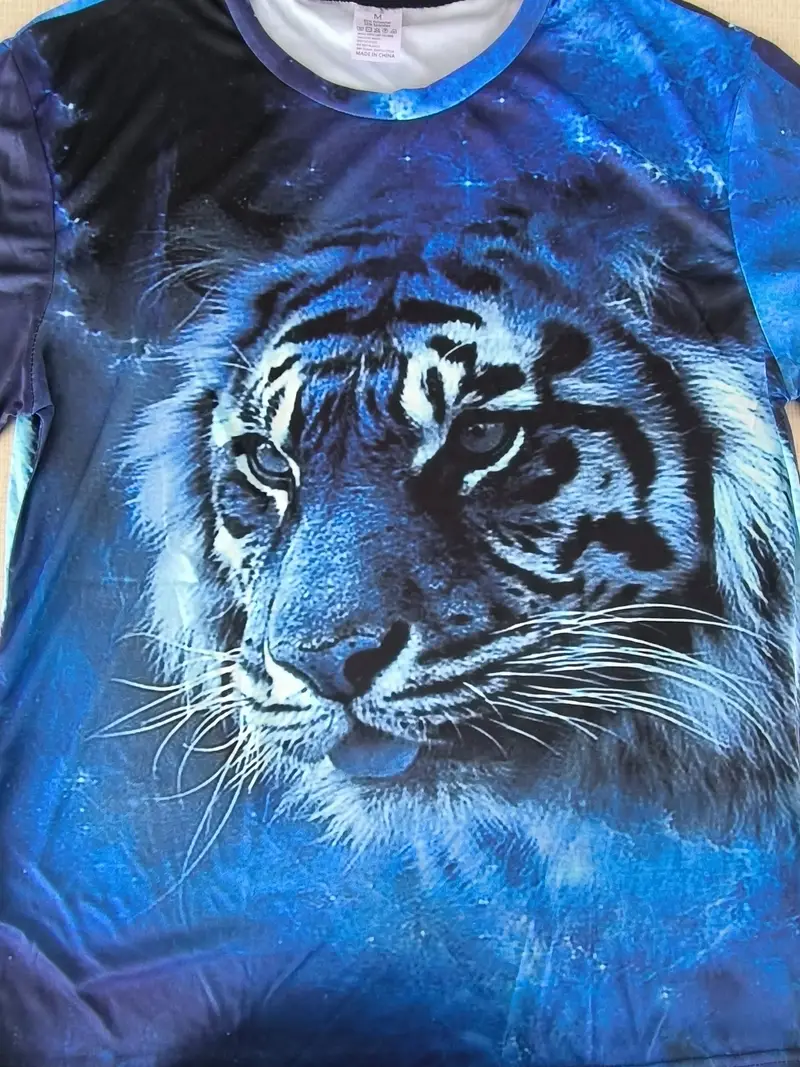 3D Tiger Print, Men's Graphic Design Crew Neck Novel T-shirt, Casual Comfy Tees Tshirts For Summer, Men's Clothing Tops For Daily Vacation Resorts