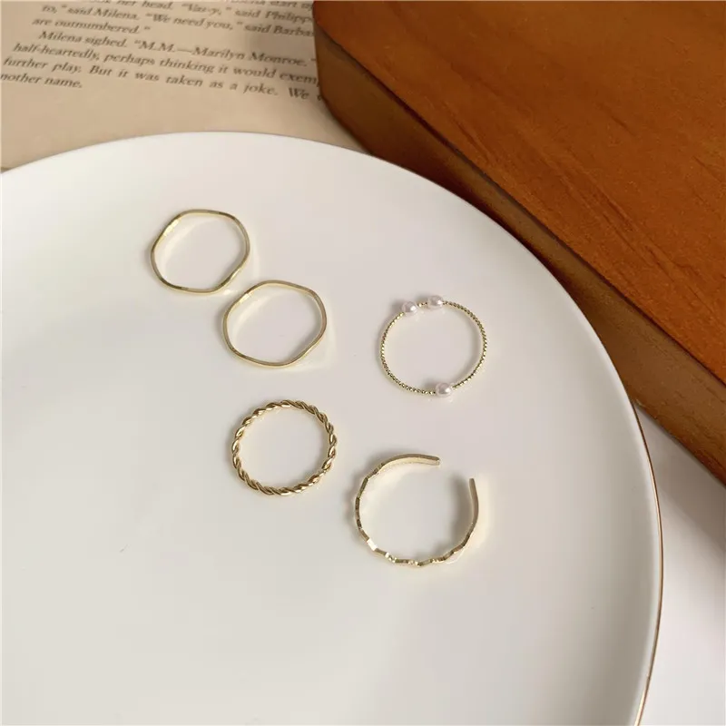 Women's Fashion Accessories Jewellery 5Pcs/set women's ring simple ins pearl wavy personality ring wedding ring Valentine's day gift jewelry (Gold/Silver)