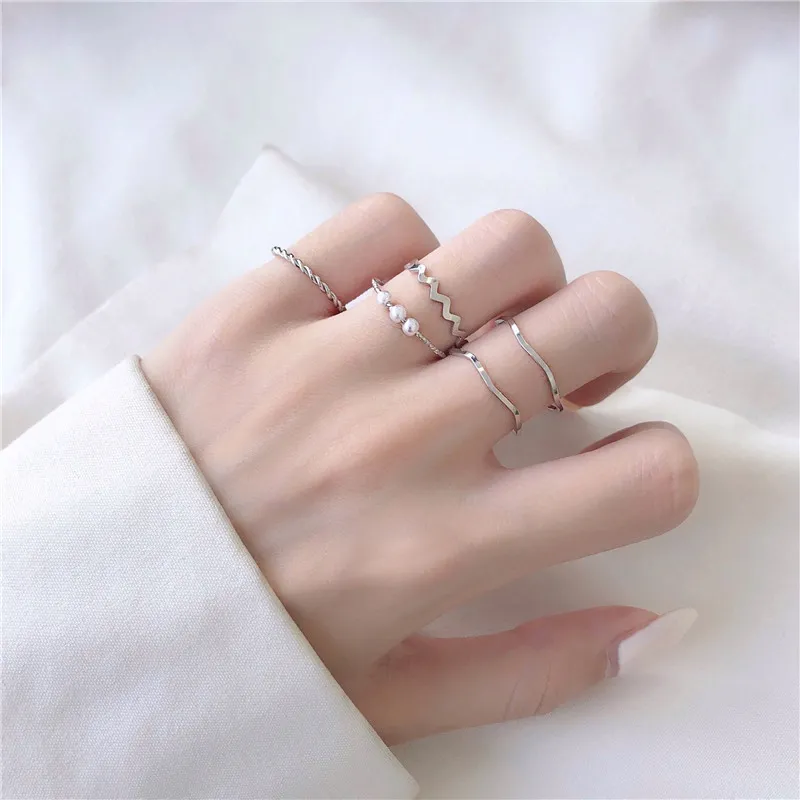 Women's Fashion Accessories Jewellery 5Pcs/set women's ring simple ins pearl wavy personality ring wedding ring Valentine's day gift jewelry (Gold/Silver)