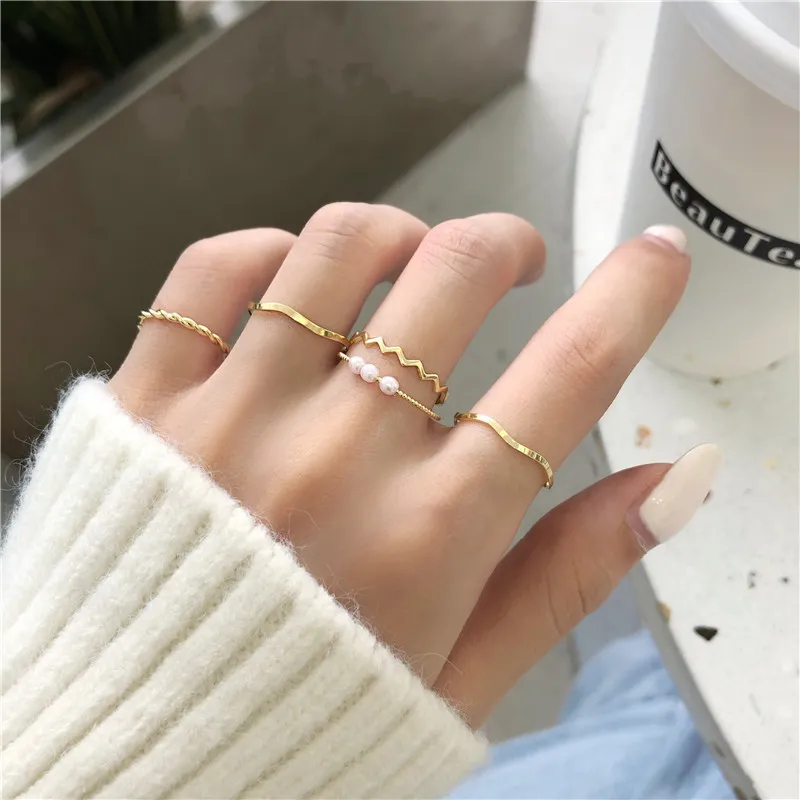 Women's Fashion Accessories Jewellery 5Pcs/set women's ring simple ins pearl wavy personality ring wedding ring Valentine's day gift jewelry (Gold/Silver)