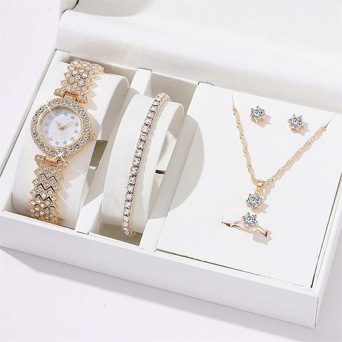 Women's Alloy Quartz Watch Necklace Earrings Bracelet Ring Accessories Set Combination Watch Gift