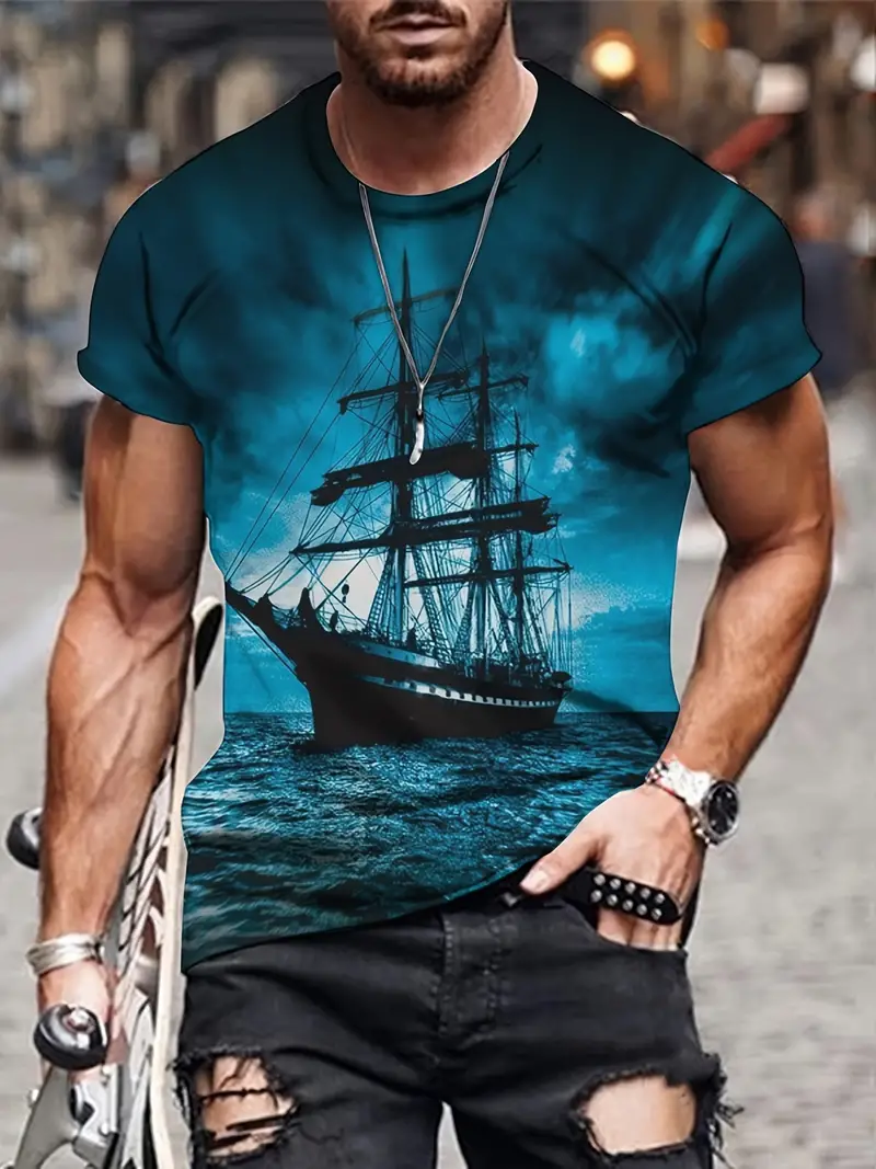 Sailing Ship Print, Men's Graphic Design Crew Neck Novel T-shirt, Casual Comfy Tees Tshirts For Summer, Men's Clothing Tops For Daily Vacation Resorts