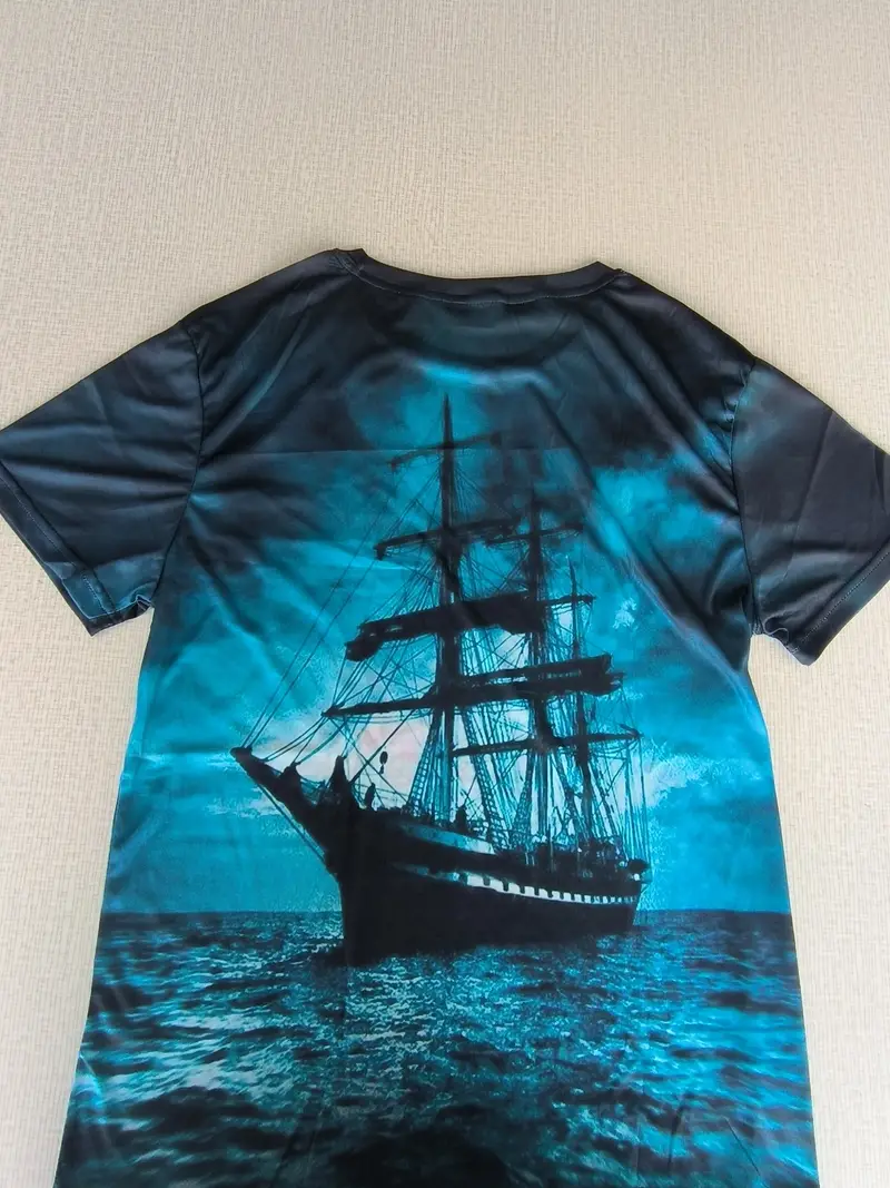 Sailing Ship Print, Men's Graphic Design Crew Neck Novel T-shirt, Casual Comfy Tees Tshirts For Summer, Men's Clothing Tops For Daily Vacation Resorts