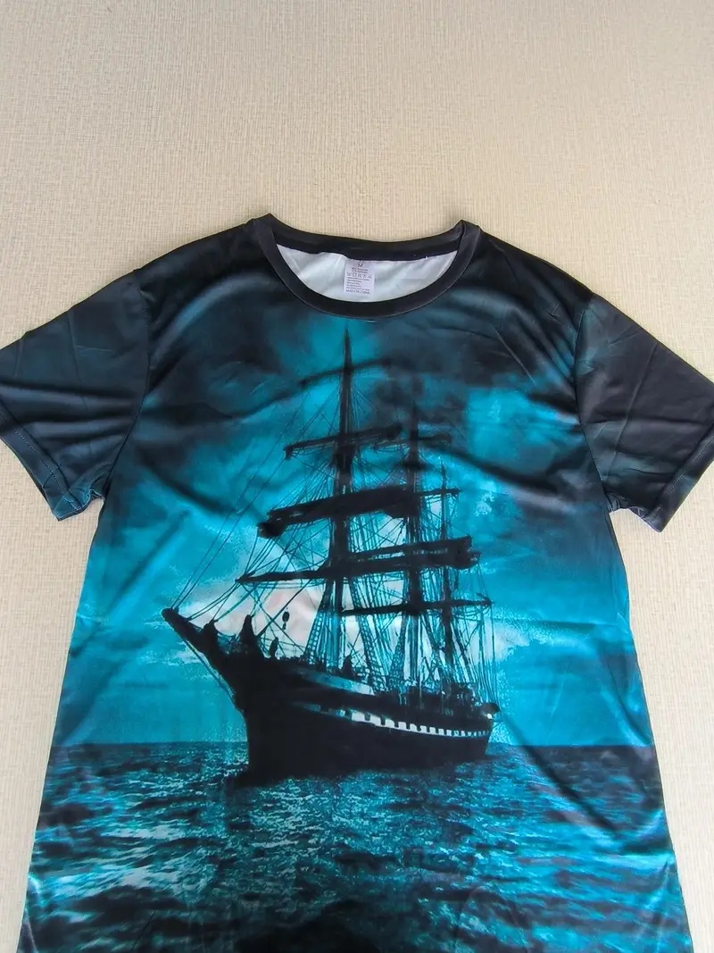 Sailing Ship Print, Men's Graphic Design Crew Neck Novel T-shirt, Casual Comfy Tees Tshirts For Summer, Men's Clothing Tops For Daily Vacation Resorts