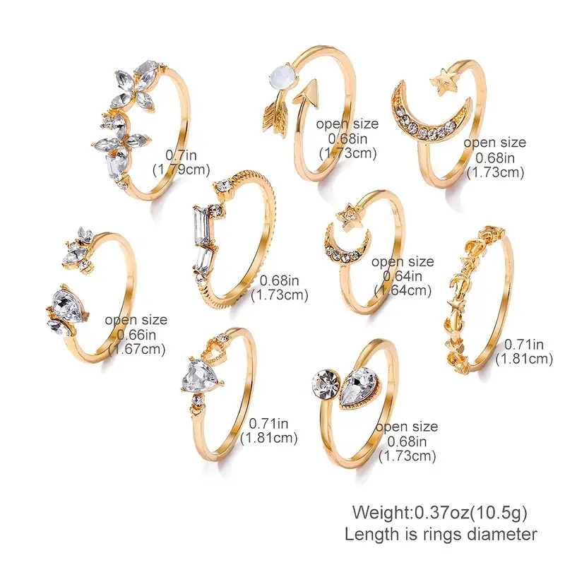 9pcs Exquisite Golden Moon Love Rhinestone Set Joint Ring For Women Daily Party Decor Gift