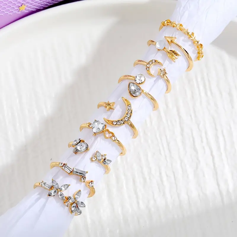 9pcs Exquisite Golden Moon Love Rhinestone Set Joint Ring For Women Daily Party Decor Gift